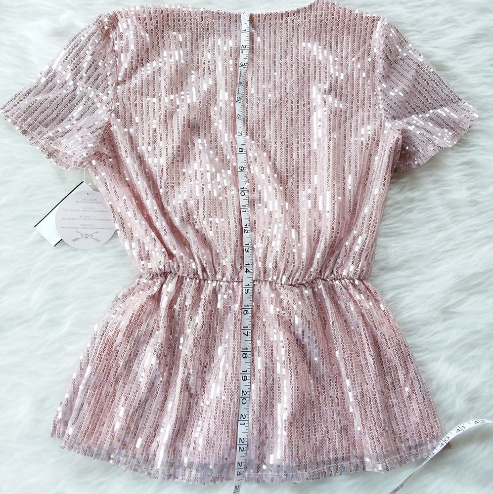 Sequined Top Waist Tie Peplum V Neck Pink - Picture 3 of 5
